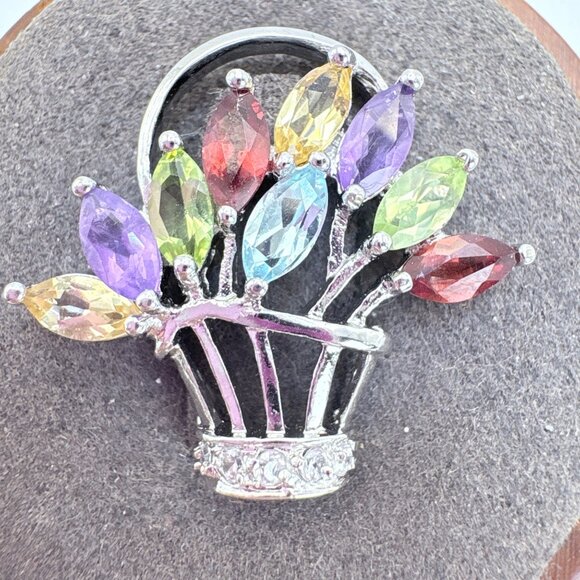 VTG Sterling Silver 925 Multi-Gemstone Flower Basket Pendant Size 0.75" Length - Picture 1 of 11